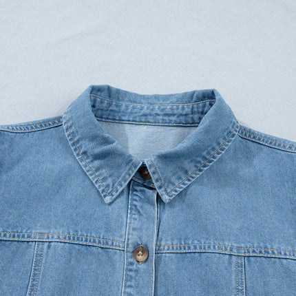 Beau Blue Button Down Short Puff Sleeve Ruffle Hem Patchwork Denim Dress
