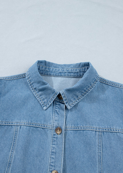 Beau Blue Button Down Short Puff Sleeve Ruffle Hem Patchwork Denim Dress