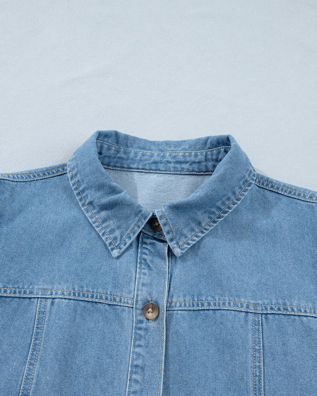 Beau Blue Button Down Short Puff Sleeve Ruffle Hem Patchwork Denim Dress