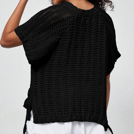 Apricot Plus Size Open Knit Bow Tie Short Sleeve Sweater