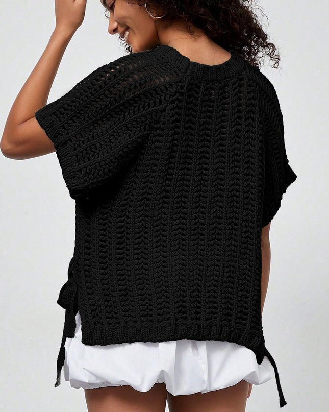 Apricot Plus Size Open Knit Bow Tie Short Sleeve Sweater