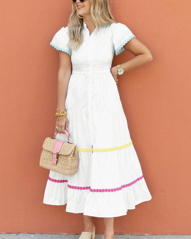 White Colorblock Rickrack Trim Short Sleeve Drawstring Waist Long Dress
