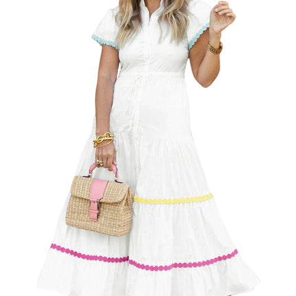 White Colorblock Rickrack Trim Short Sleeve Drawstring Waist Long Dress