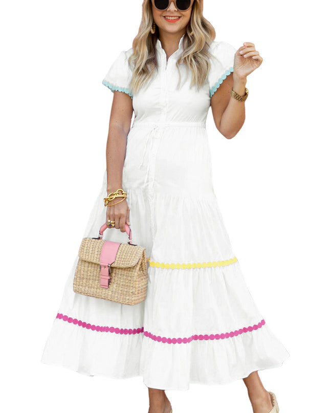 White Colorblock Rickrack Trim Short Sleeve Drawstring Waist Long Dress