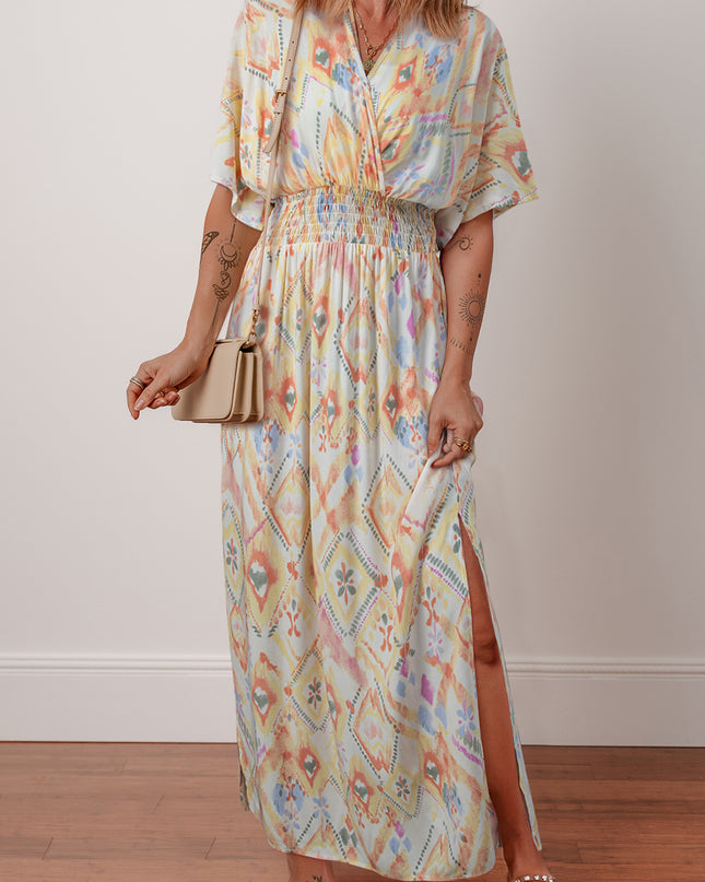 Multicolour Geometric Print Half Sleeve Shirred High Waist Maxi Dress