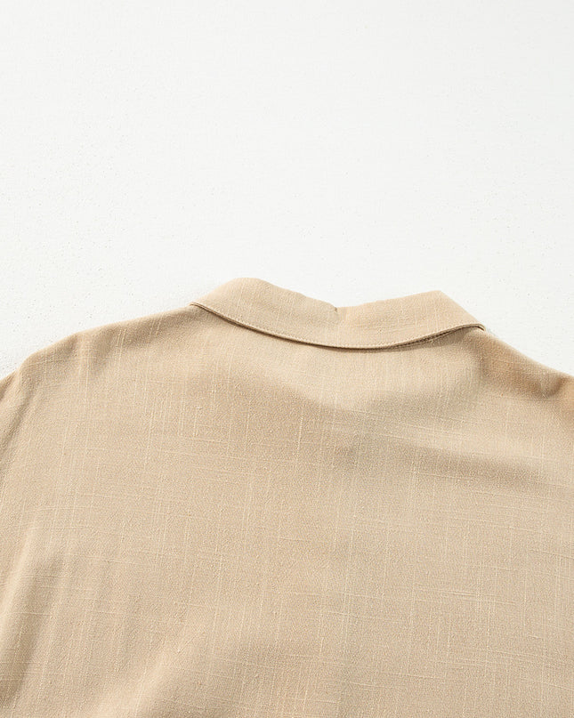 Tan Puff Sleeve Buttoned Tiered Pleated Shirt Mini Dress