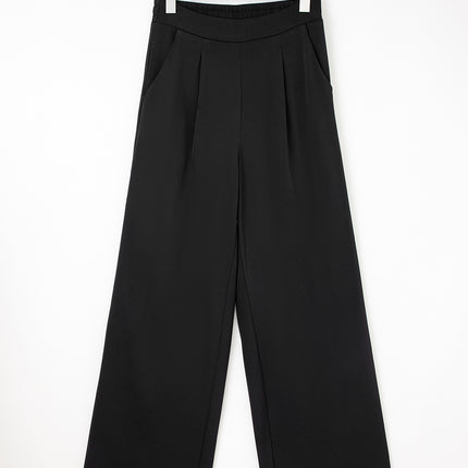 Black Pleated Detail Pull On High Elastic Waist Loose Straight Pants