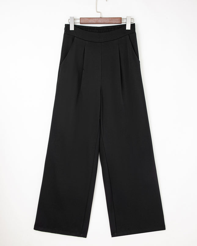 Black Pleated Detail Pull On High Elastic Waist Loose Straight Pants