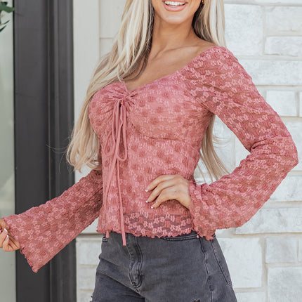 Peach Blossom Drawstring Knot Detail Floral Lace Blouse