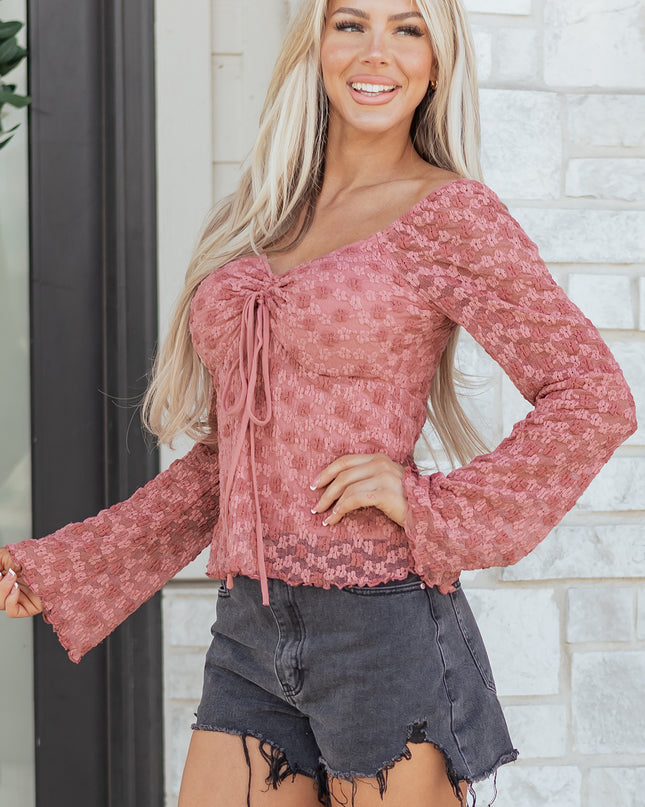 Peach Blossom Drawstring Knot Detail Floral Lace Blouse