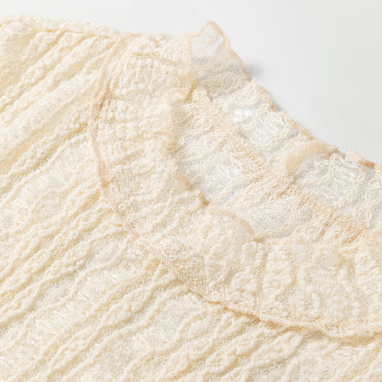 Apricot Flounced Long Sleeve Mock Neck Sheer Lace Top