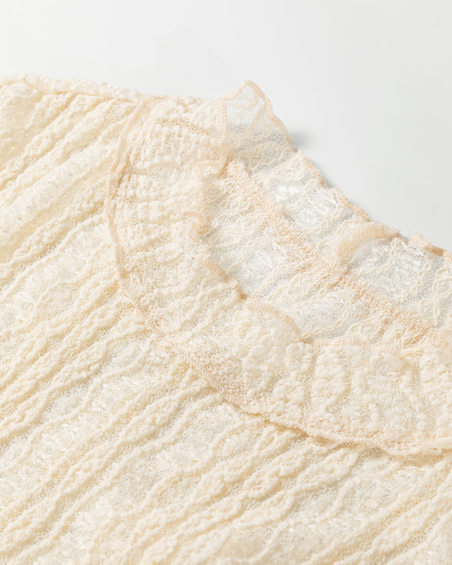 Apricot Flounced Long Sleeve Mock Neck Sheer Lace Top