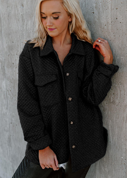 Black Retro Quilted Flap Pocket Button Shacket