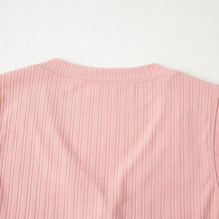 Gossamer Pink Ribbed Button V Neck Tank Top and Shorts Set