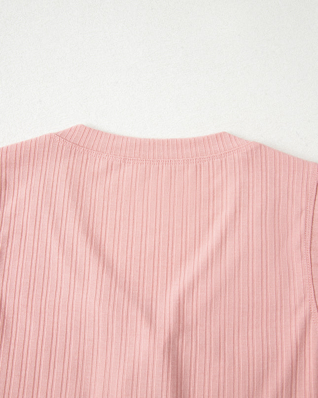 Gossamer Pink Ribbed Button V Neck Tank Top and Shorts Set