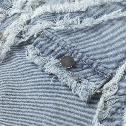Beau Blue Frayed Edge Flap Pockets Denim Vest Jacket