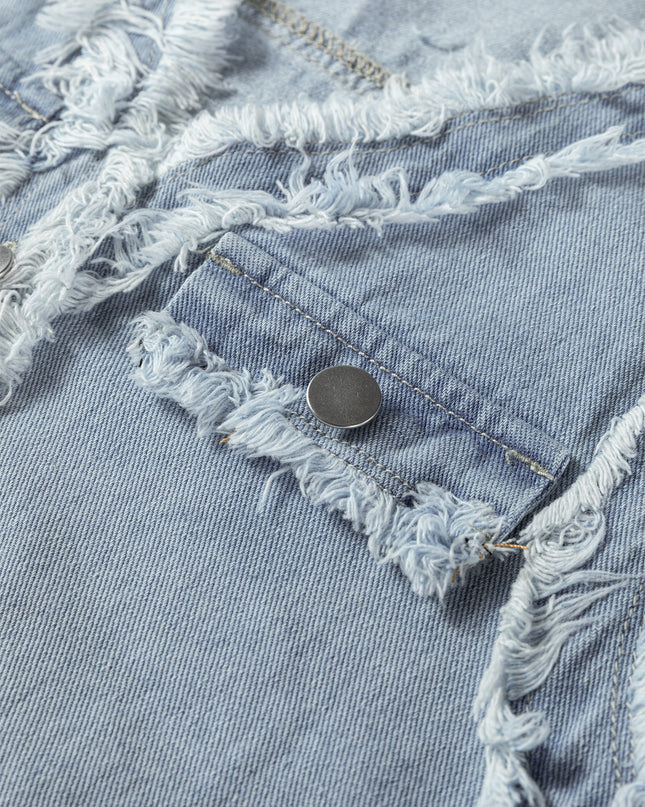 Beau Blue Frayed Edge Flap Pockets Denim Vest Jacket