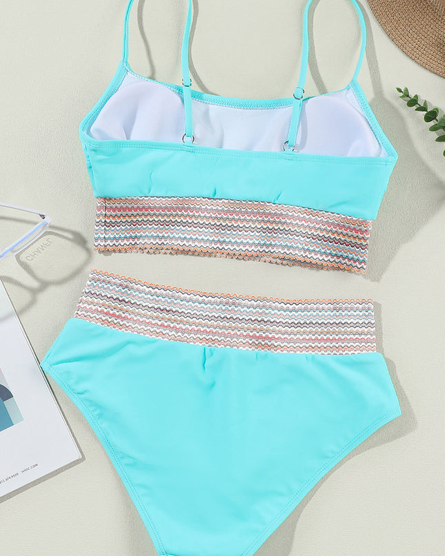 Peach Blossom Striped Patchwork Spaghetti Strap High Waist Bikini Swimsuit