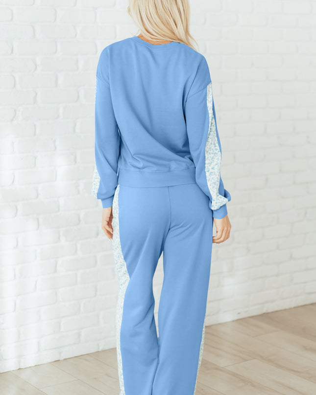 Beau Blue Floral Patchwork Drop Shoulder Pullover and Sweatpants Lounge Set