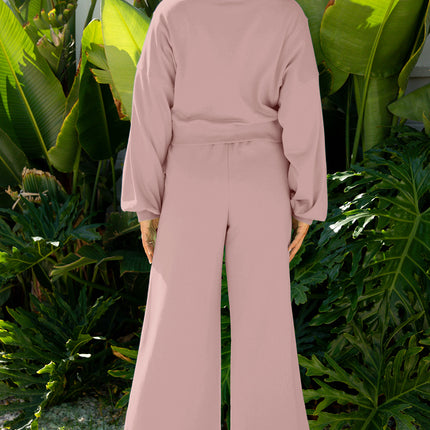 Flamingo Drop Shoulder Puff Sleeve Crop Pullover Drawstring Wide Leg Pants Set