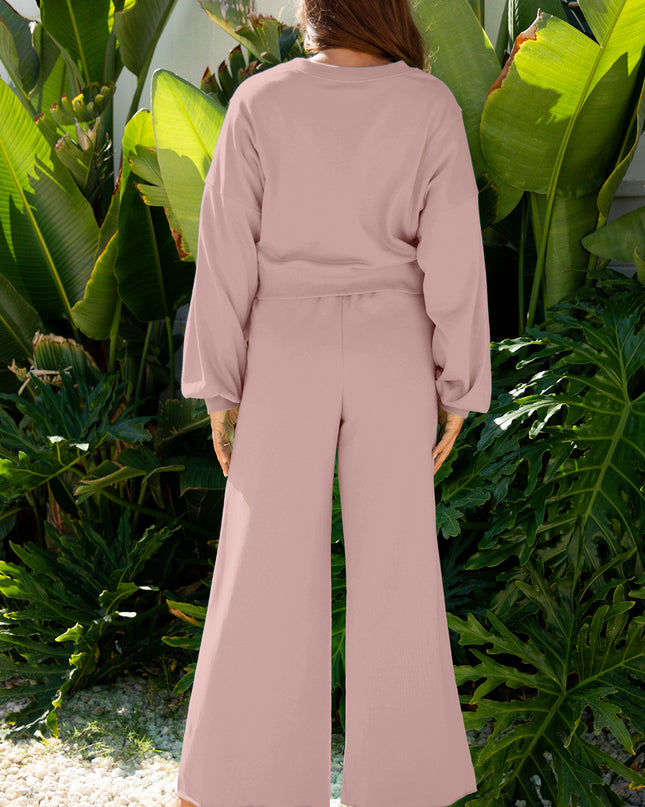 Flamingo Drop Shoulder Puff Sleeve Crop Pullover Drawstring Wide Leg Pants Set