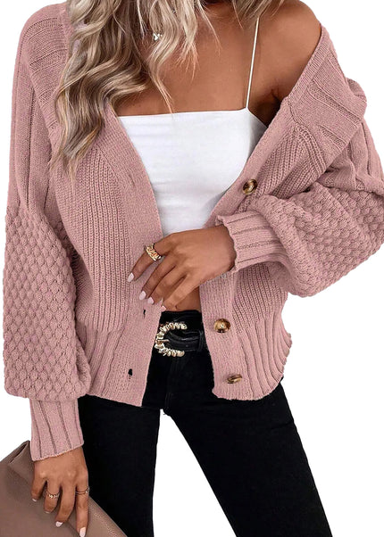 Goat Mixed Texture Knit Button V Neck Sweater Cardigan
