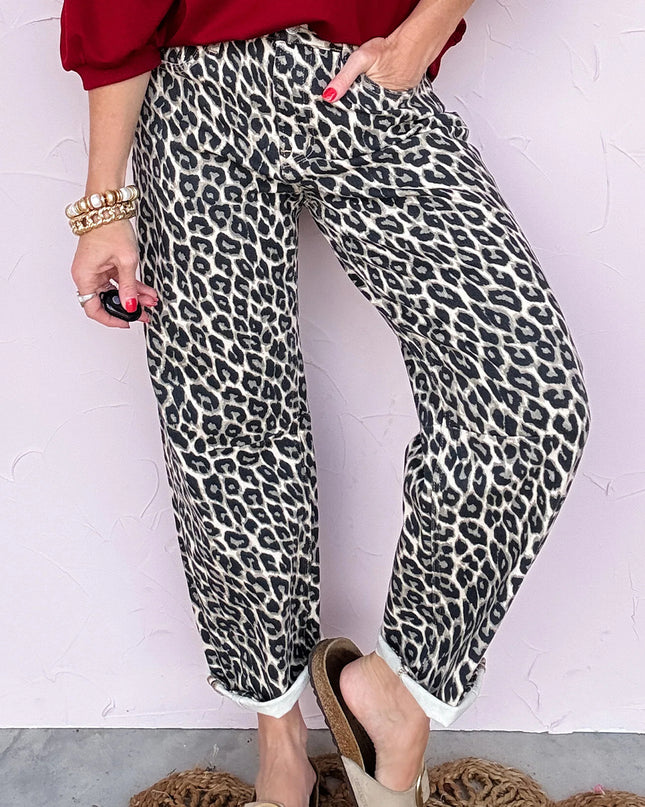 Black Leopard Print Barrel Jeans
