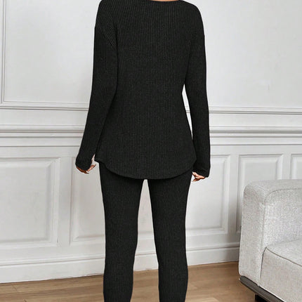 Black Ribbed Notched Neck Knit Long Sleeve Leggings Two Pieces Lounge Set