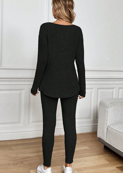 Black Ribbed Notched Neck Knit Long Sleeve Leggings Two Pieces Lounge Set