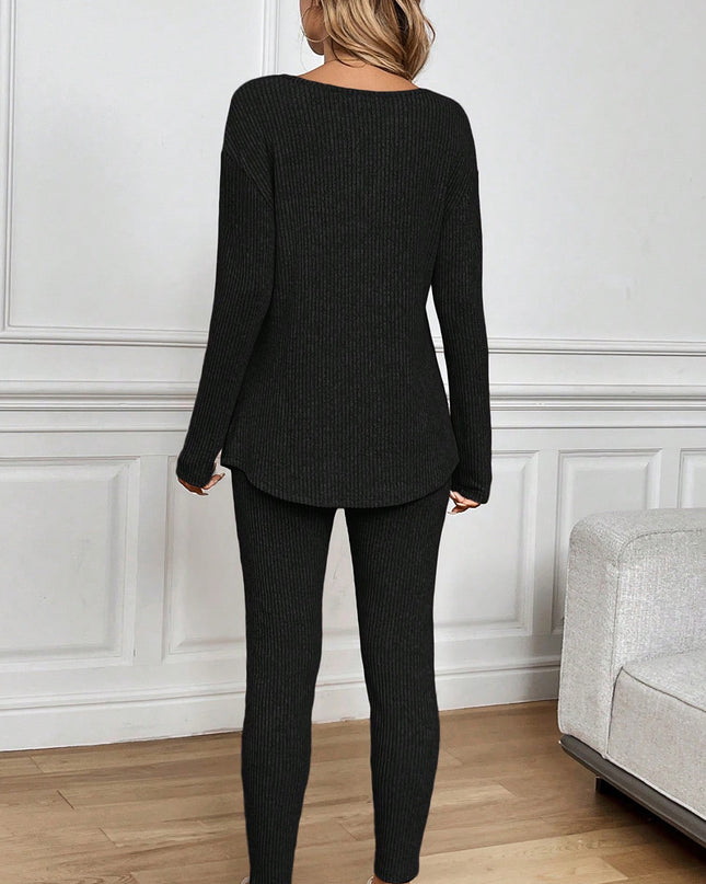 Black Ribbed Notched Neck Knit Long Sleeve Leggings Two Pieces Lounge Set