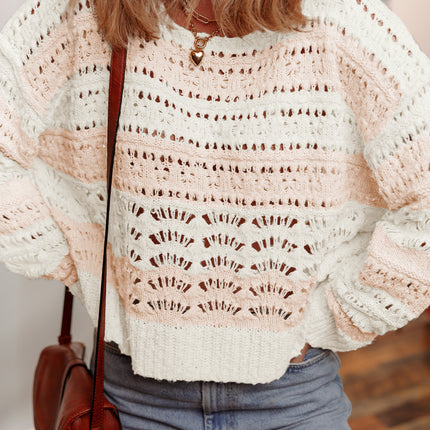 Pink Hollow-out Colorblock Drop Shoulder Casual Sweater