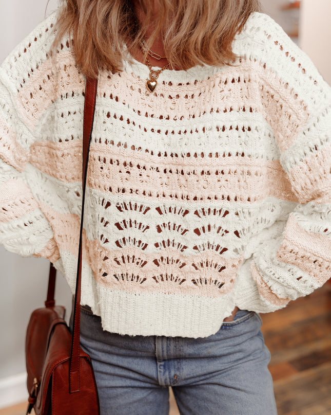Pink Hollow-out Colorblock Drop Shoulder Casual Sweater