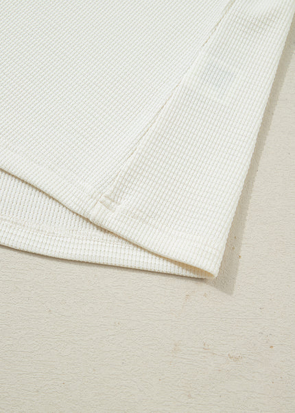 Beige Thermal Knit Lace Ruched Patchwork Long Sleeve V Neck Top