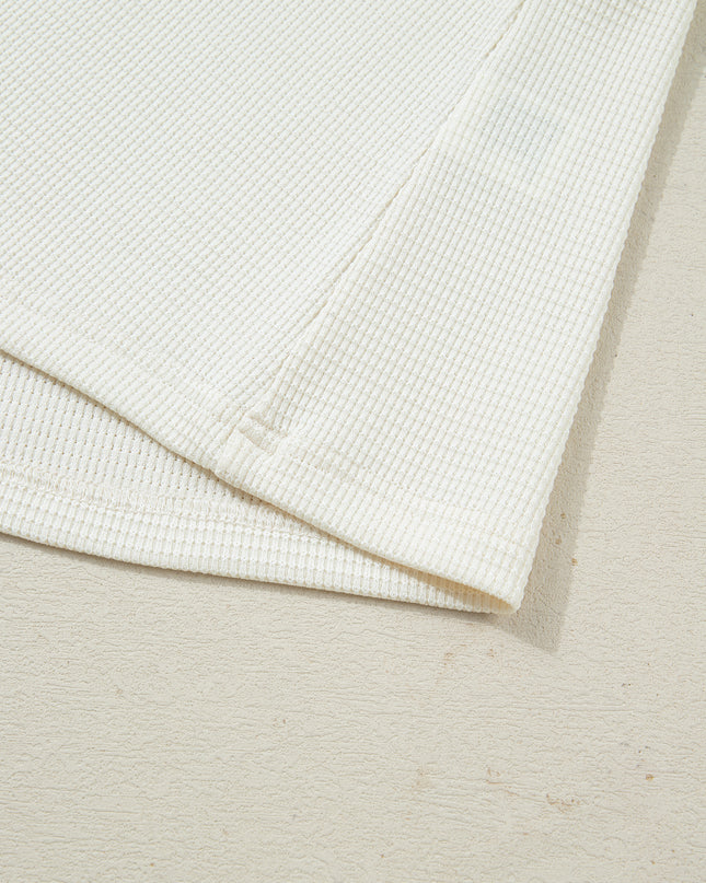 Beige Thermal Knit Lace Ruched Patchwork Long Sleeve V Neck Top