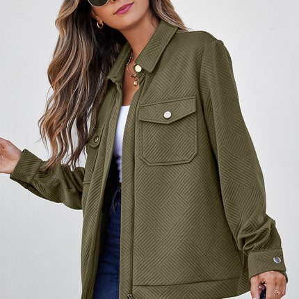 Blackish Green Solid Color Zip Up Button Flap Pocket Shirt Collar Jackets
