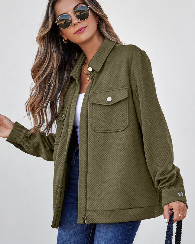 Blackish Green Solid Color Zip Up Button Flap Pocket Shirt Collar Jackets