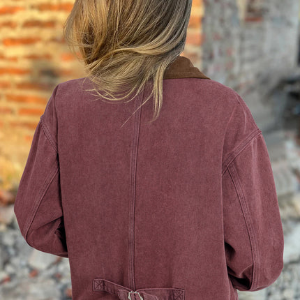Coffee Corduroy Collar Zipped Front Denim Jacket