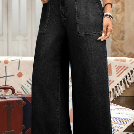 Sail Blue Plus Size Elastic Waist Ruffled Wide Leg Denim Pants