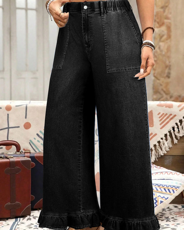 Sail Blue Plus Size Elastic Waist Ruffled Wide Leg Denim Pants