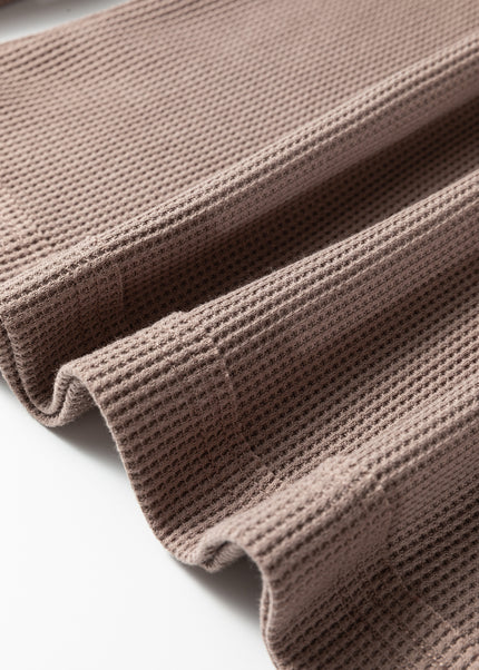 Beige Solid Color Waffle Knit Asymmetric Neck Long Sleeve Top