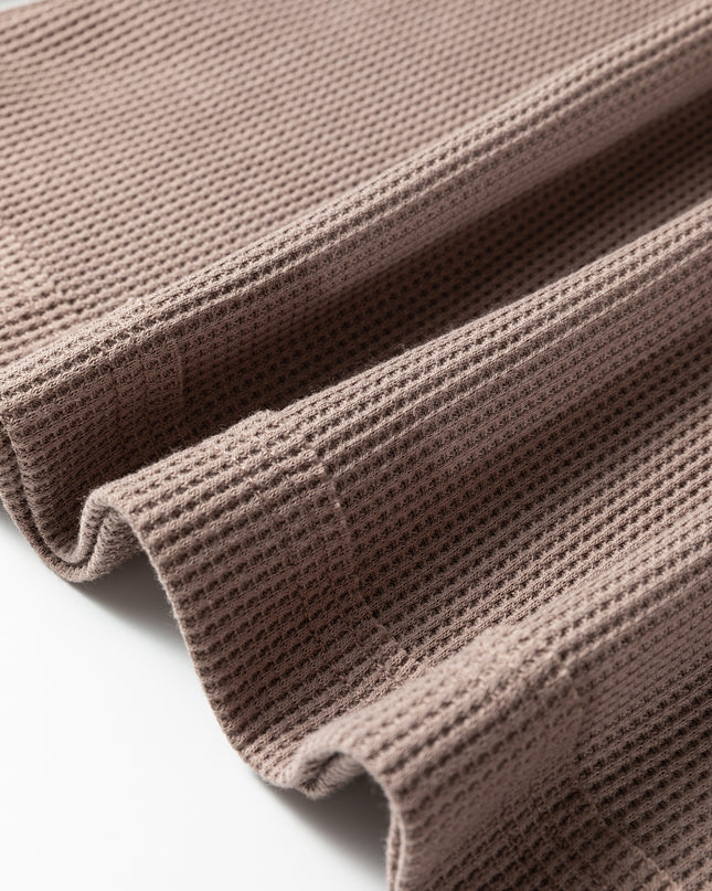 Beige Solid Color Waffle Knit Asymmetric Neck Long Sleeve Top