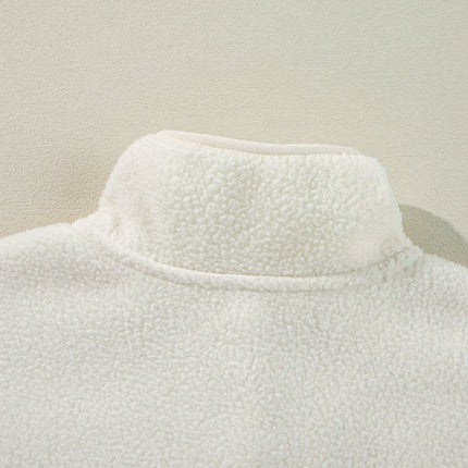 White Fleece Placket Turn-down Collar Drop Shoulder Sweatshirt
