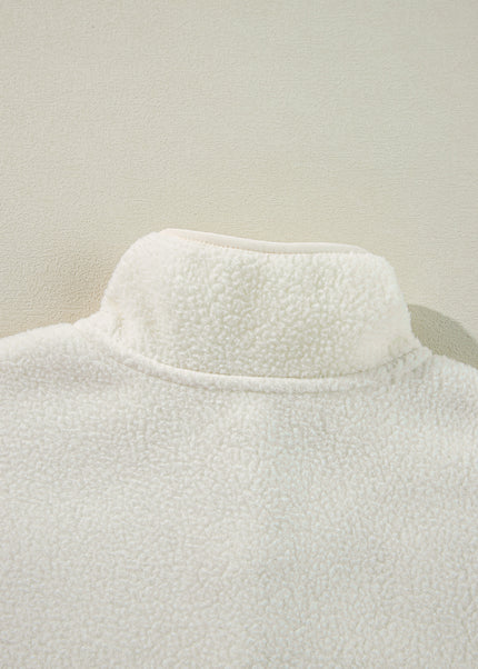 White Fleece Placket Turn-down Collar Drop Shoulder Sweatshirt