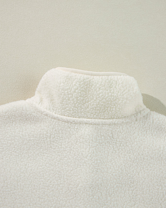 White Fleece Placket Turn-down Collar Drop Shoulder Sweatshirt