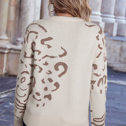 Beige Asymmetric Leopard Print Detail Drop Shoulder Sweater