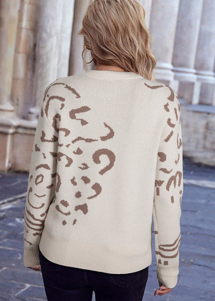 Beige Asymmetric Leopard Print Detail Drop Shoulder Sweater