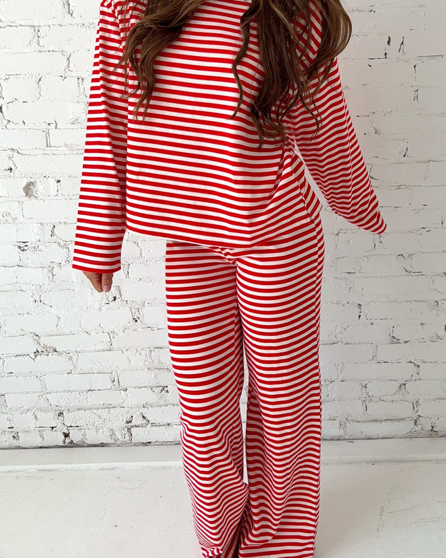 Red Stripe Drop Shoulder Long Sleeve Top Lounge Pants 2pcs Set