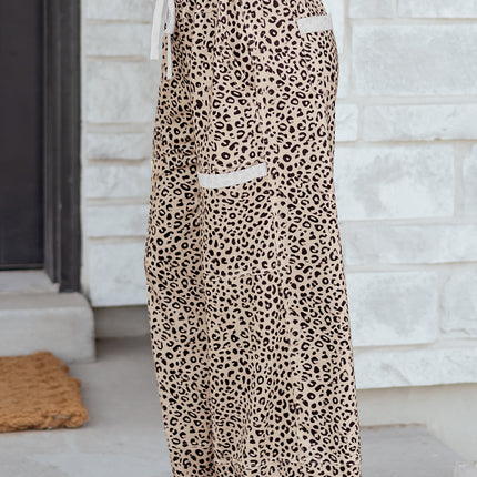 Khaki Animal Print Wide Leg Terry Knit Pants