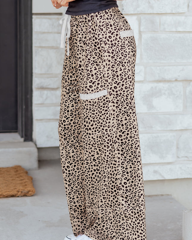 Khaki Animal Print Wide Leg Terry Knit Pants
