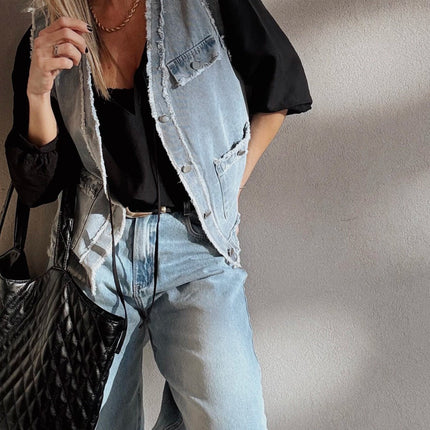 Beau Blue Frayed Edge Flap Pockets Denim Vest Jacket